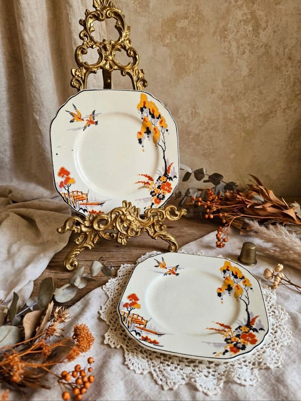 Vintage Wedgwood & Co Art Deco Bird & Bridge Plates (Set of 2)
